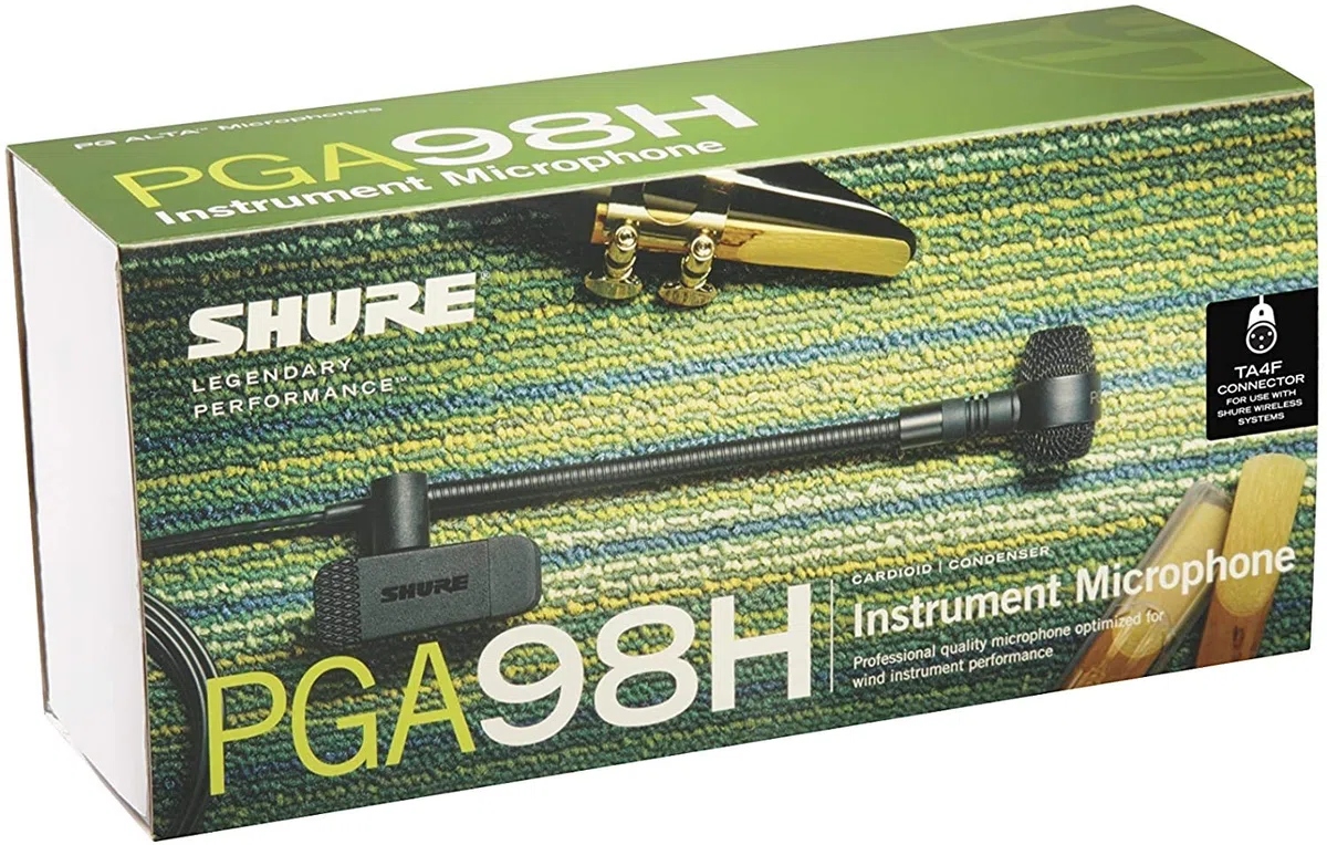 Shure PGA98H-TQG Kondensator-Clip-On-Instrumentenmikrofon mit Schwanenhals und TA4F-Stecker (TQG) zur Verwendung mit Funksystemen, Schwarz