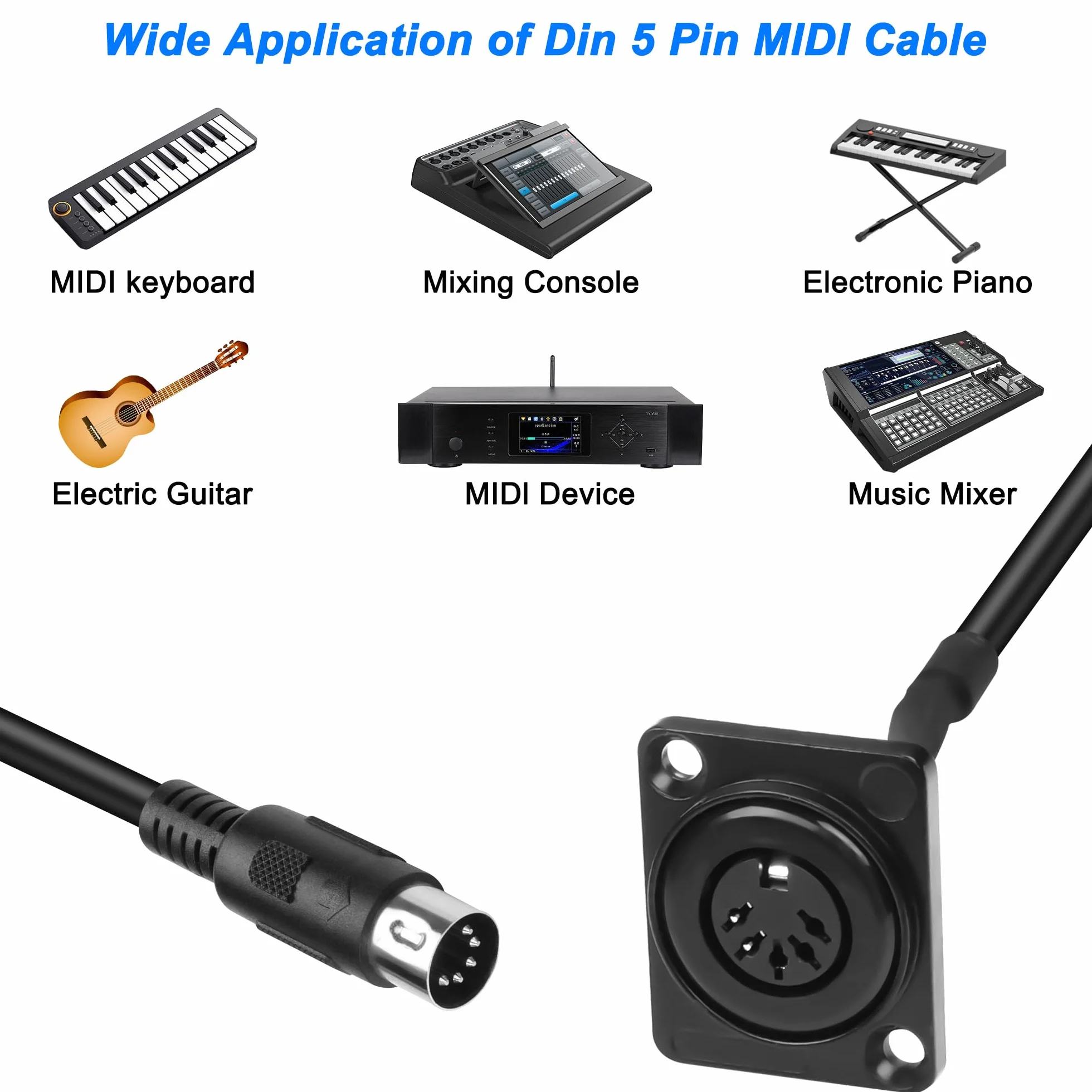 MEIRIYFA MIDI DIN 5Pin Verlängerungskabel, D-Typ Panel Mount DIN 5PIN Stecker auf Buchse Audio Adapterkabel für Keyboard Synthesizer, Orgel, E-Piano, MIDI Gitarre - 53CM